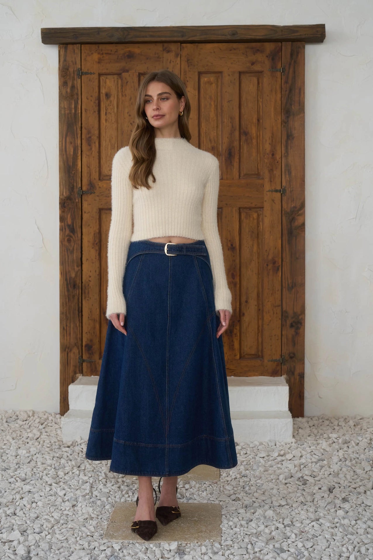 Belt Buckle Detail Denim Midi Skirt
