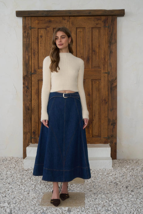 Belt Buckle Detail Denim Midi Skirt