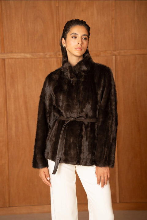Belted Faux-Fur Jacket with A Stand-Up Collar