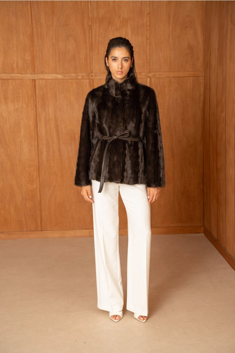 Belted Faux-Fur Jacket with A Stand-Up Collar