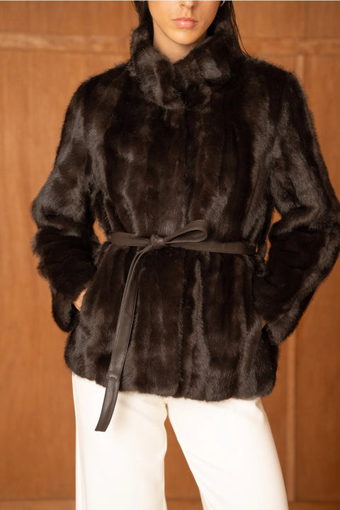 Belted Faux-Fur Jacket with A Stand-Up Collar