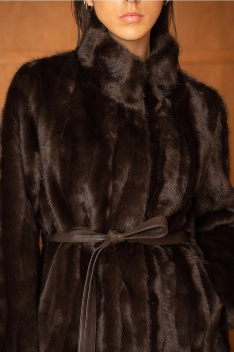 Belted Faux-Fur Jacket with A Stand-Up Collar