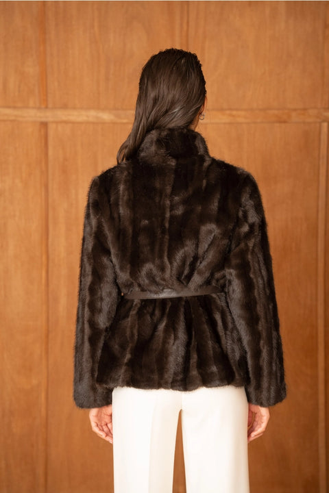 Belted Faux-Fur Jacket with A Stand-Up Collar