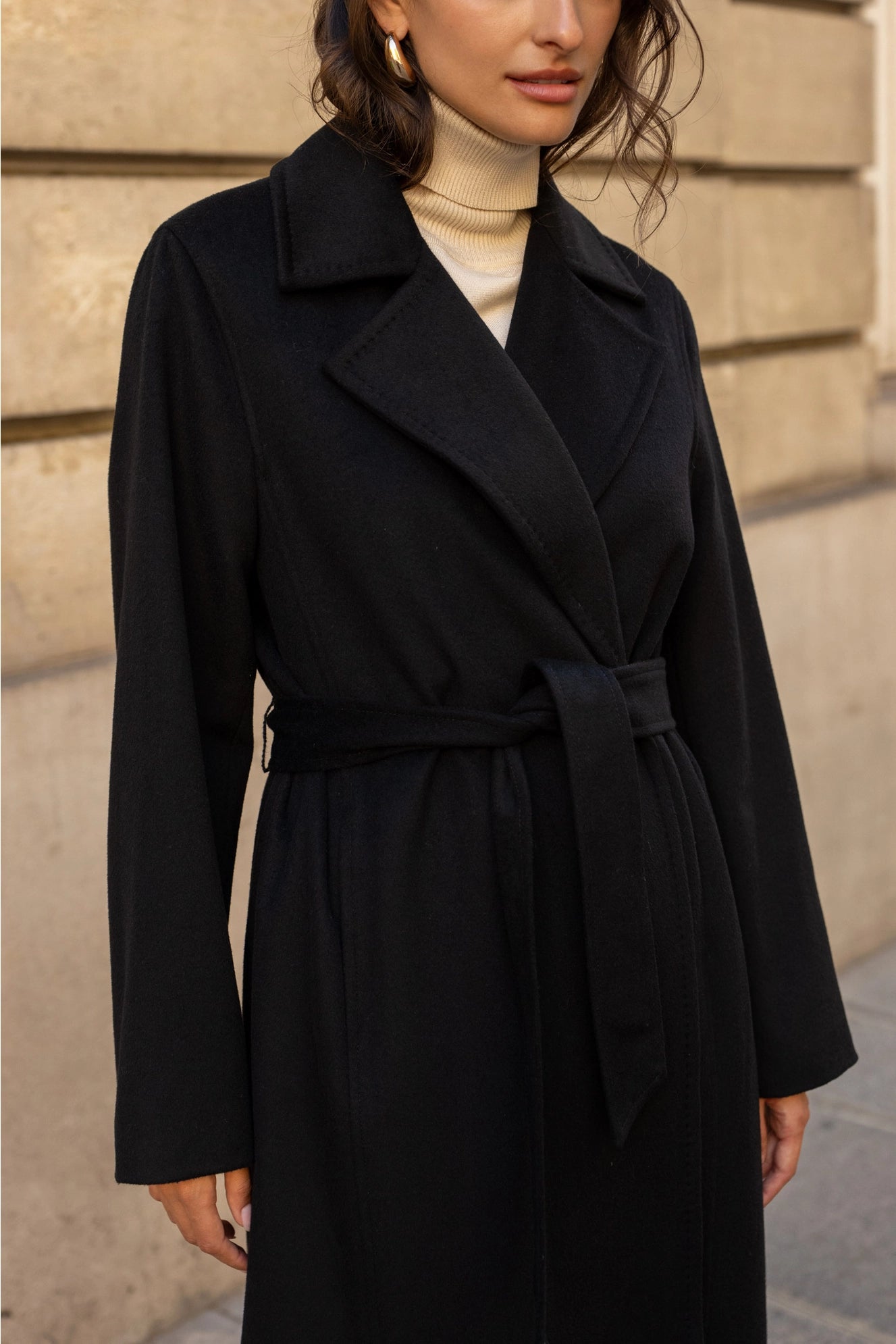 Belted Long Coat in Blended Wool