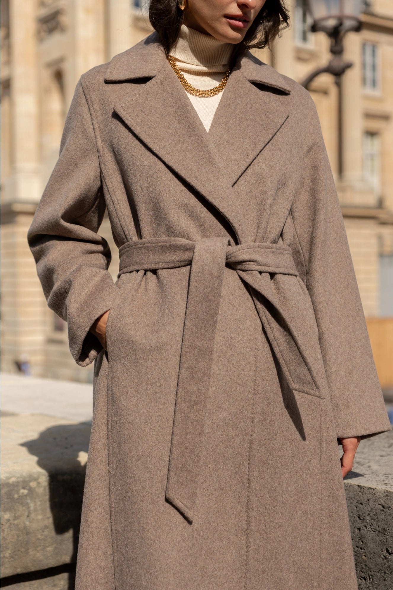 Belted Long Coat in Blended Wool