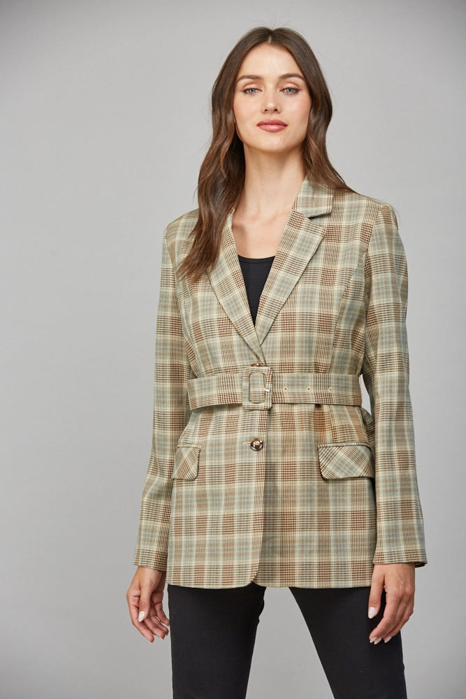 Belted Plaid Blazer