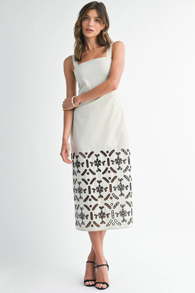 Belted Shift Dress with Embroidery-Dress-Endless Blu-S-Beige-Urbanheer