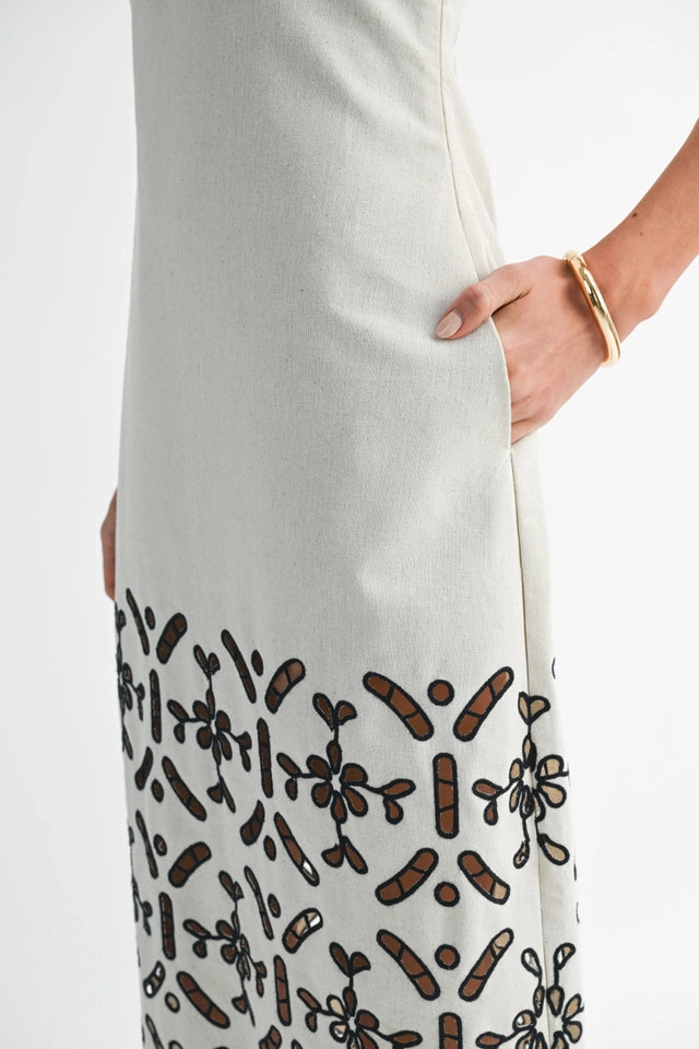 Belted Shift Dress with Embroidery-Dress-Endless Blu-S-Beige-Urbanheer
