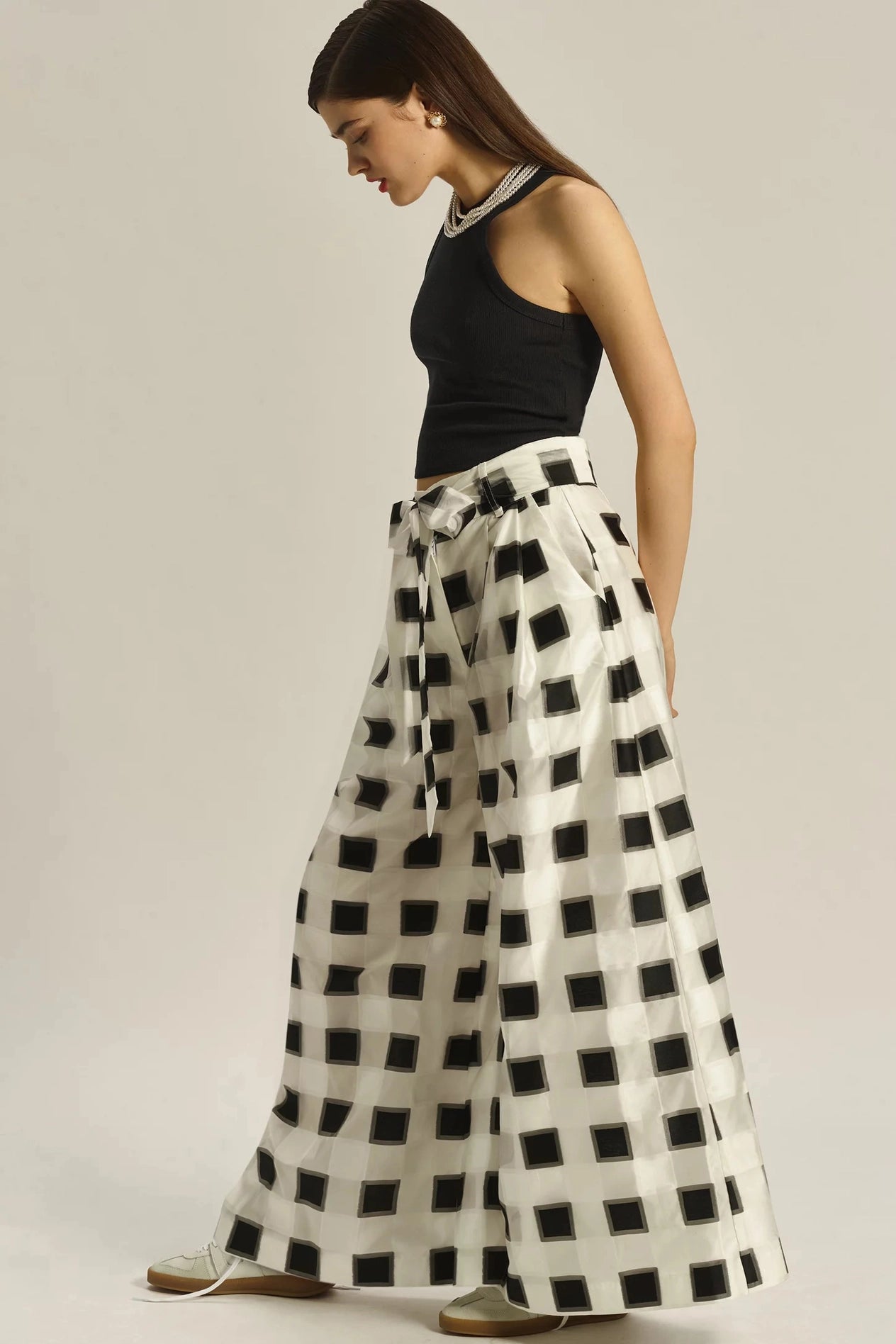 Belted Wide-Leg Pants - Black and White Check