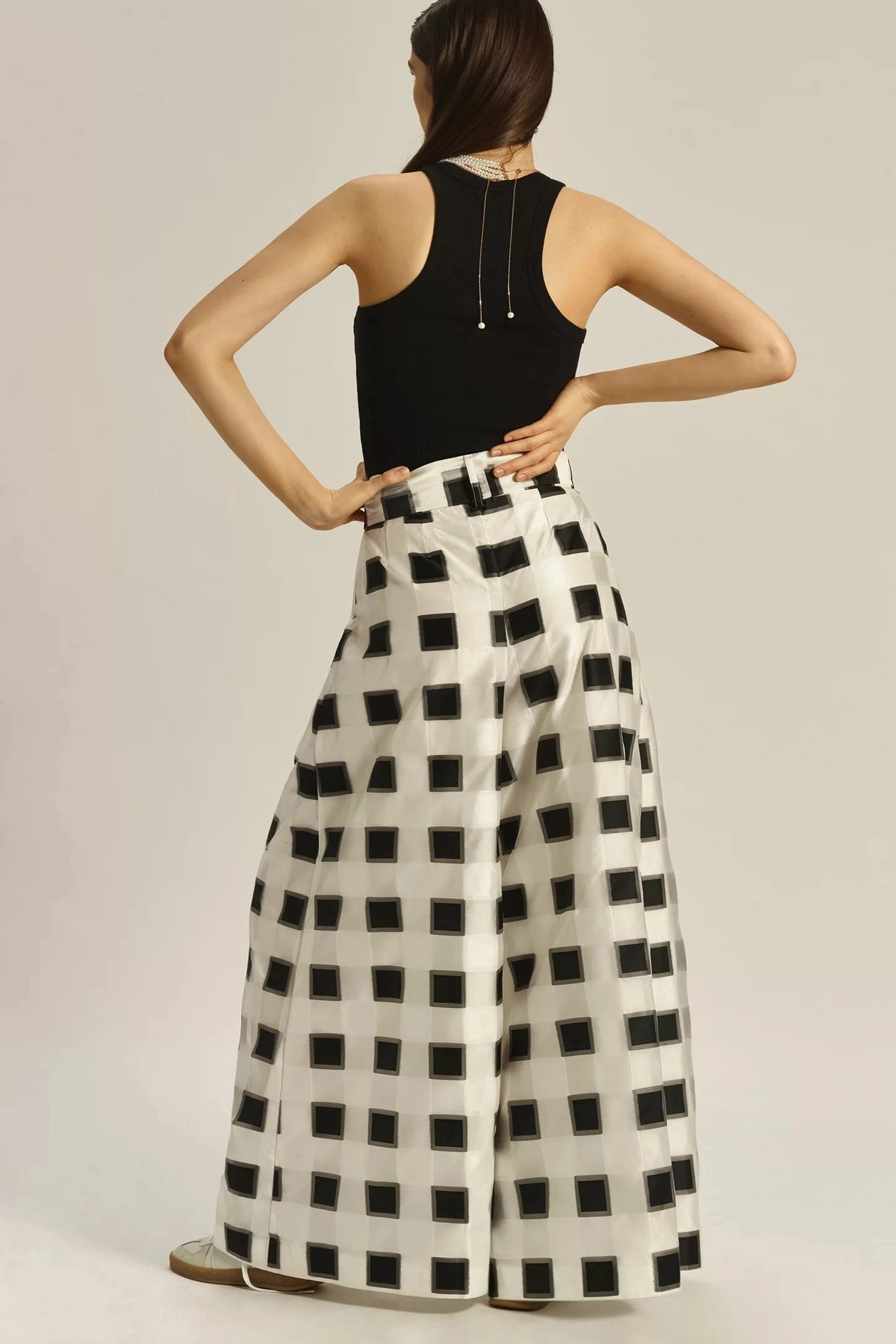 Belted Wide-Leg Pants - Black and White Check