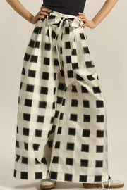 Belted Wide-Leg Pants - Black and White Check