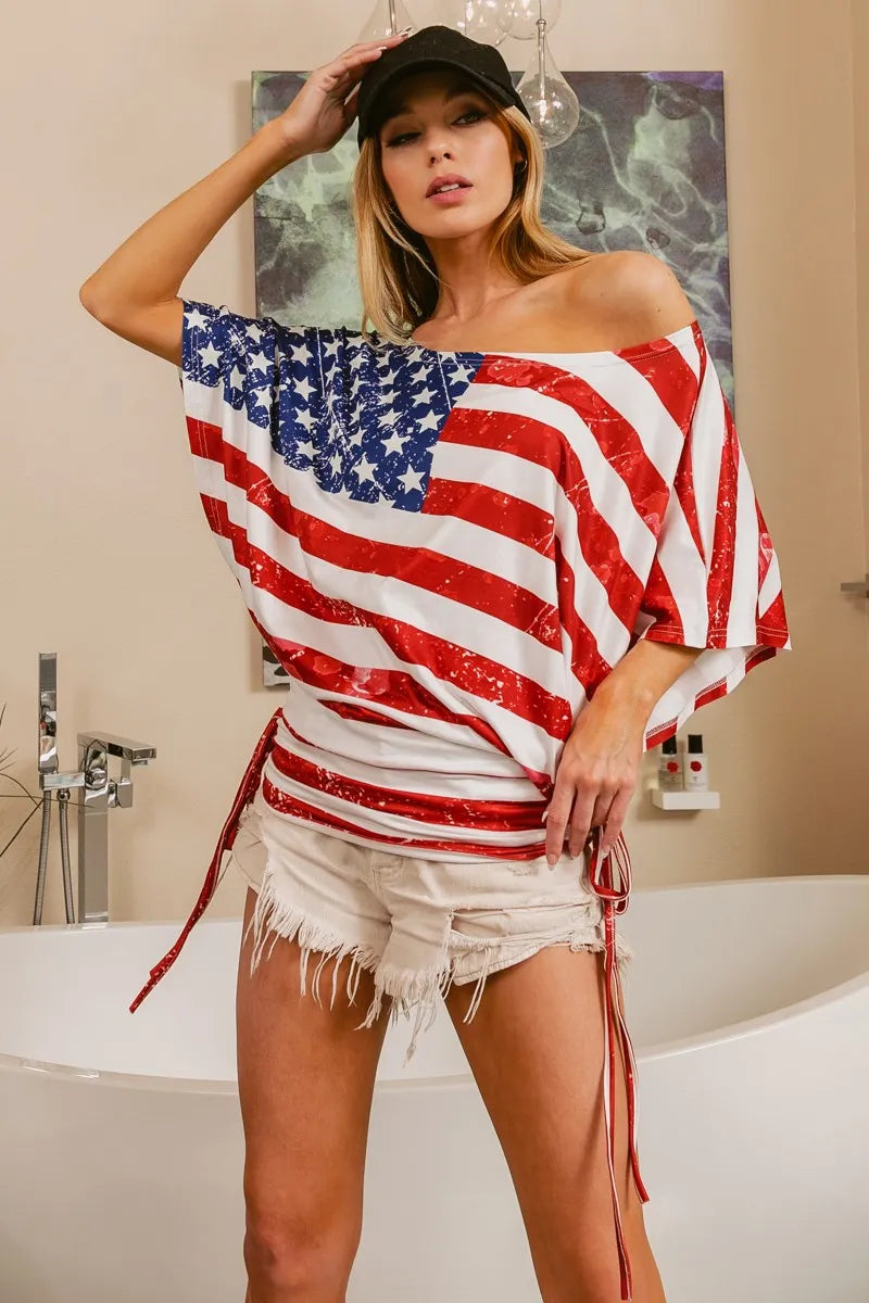 BiBi American Flag Printed Side Ruched Details Knit Top-BiBi-NAVY/RED-S-Urbanheer