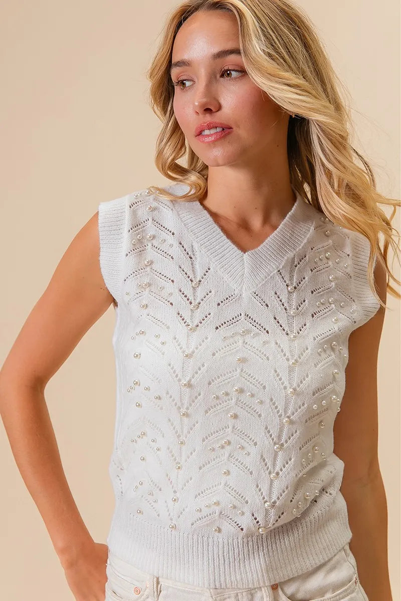 BiBi Chevron Pointelle Pearl Knit Top-BiBi-IVORY-S-Urbanheer