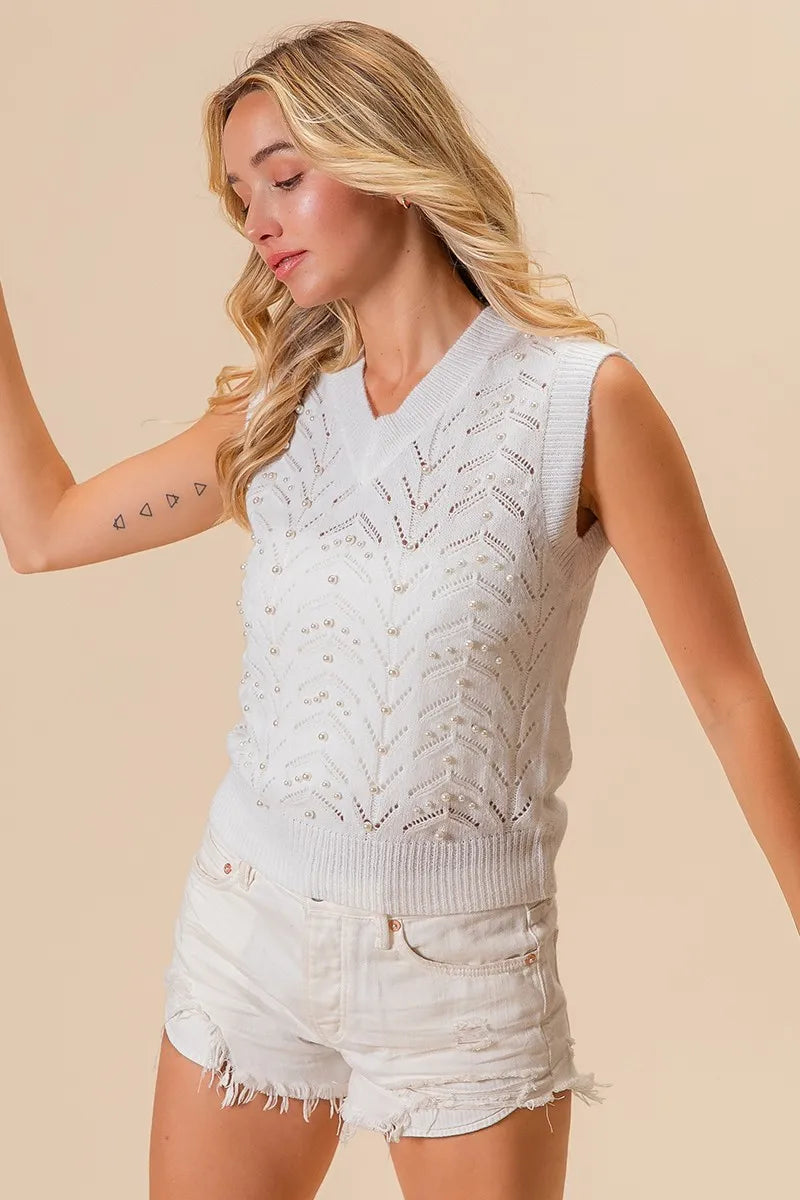 BiBi Chevron Pointelle Pearl Knit Top-BiBi-IVORY-S-Urbanheer