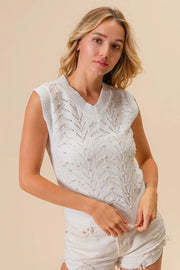 BiBi Chevron Pointelle Pearl Knit Top-BiBi-IVORY-S-Urbanheer