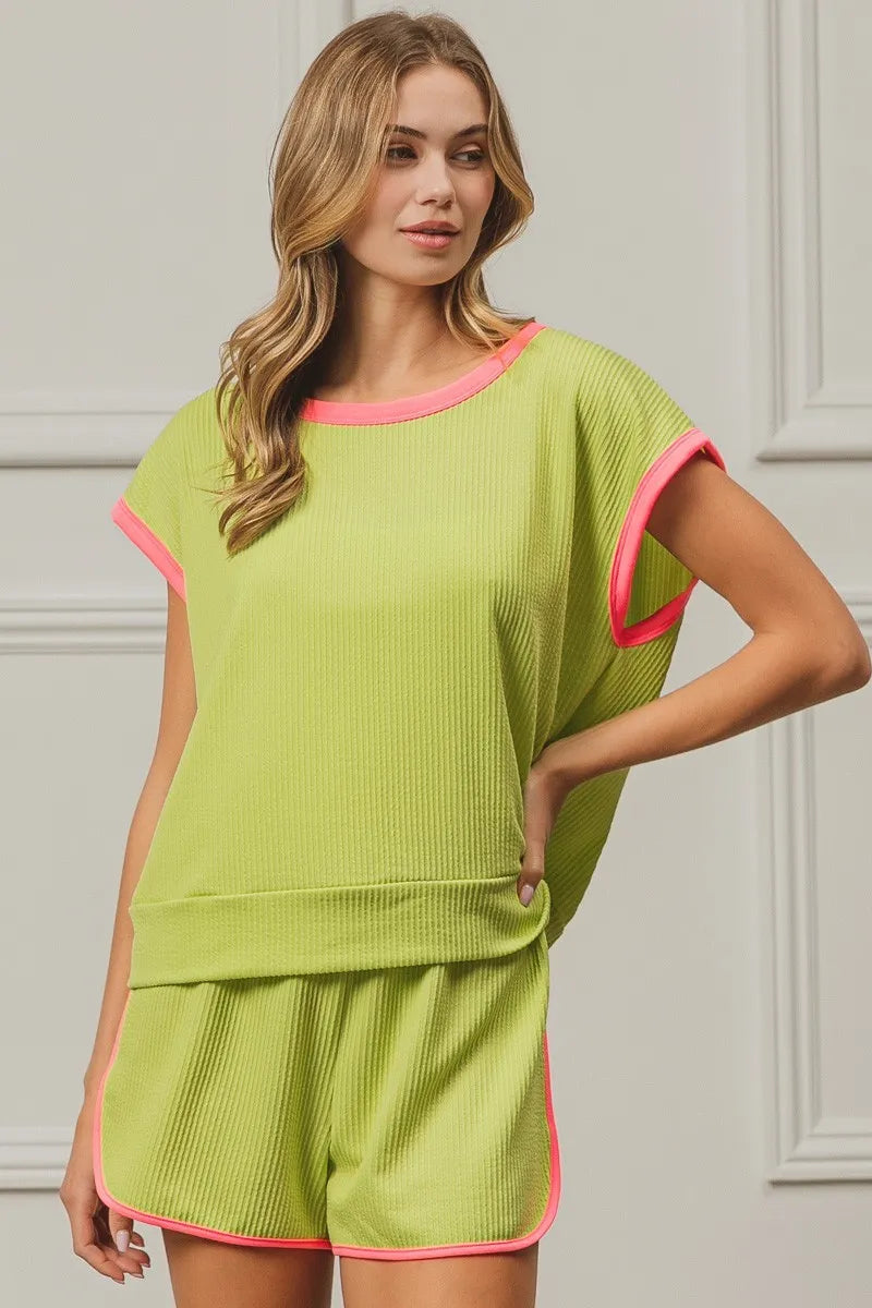 BiBi Cord Rib with Band Side Slit Shorts-BiBi-LIME/NEON PINK-S-Urbanheer