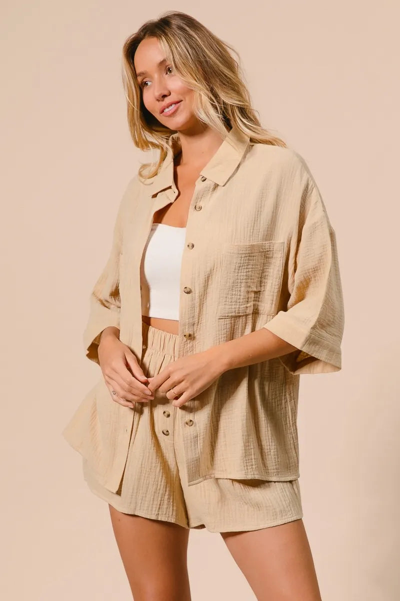 BiBi Crinkle Gauze Shirt and Short Set-BiBi-OATMEAL-S-Urbanheer