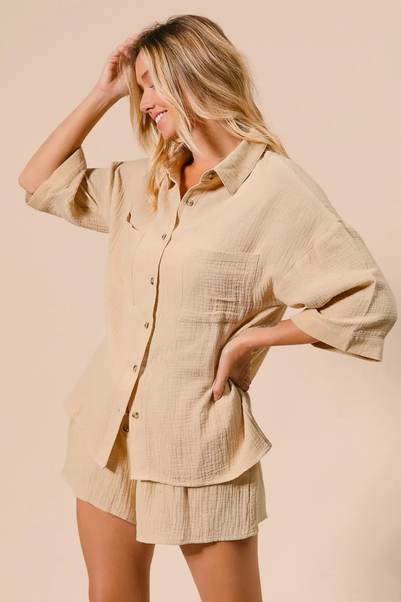 BiBi Crinkle Gauze Shirt and Short Set-BiBi-OATMEAL-S-Urbanheer