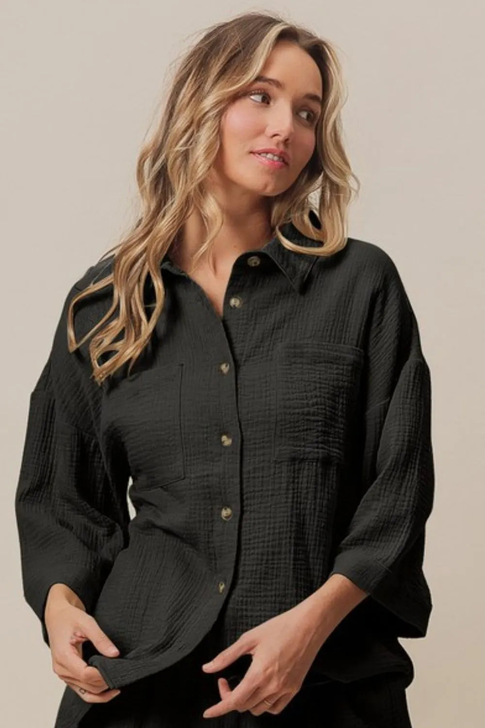 BiBi Crinkle Gauze Shirt and Short Set-BiBi-BLACK-S-Urbanheer