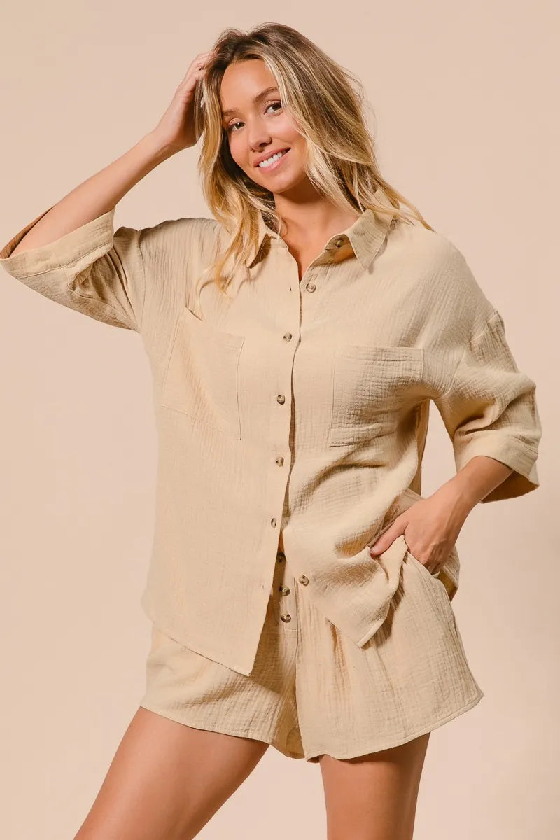 BiBi Crinkle Gauze Shirt and Short Set-BiBi-OATMEAL-S-Urbanheer