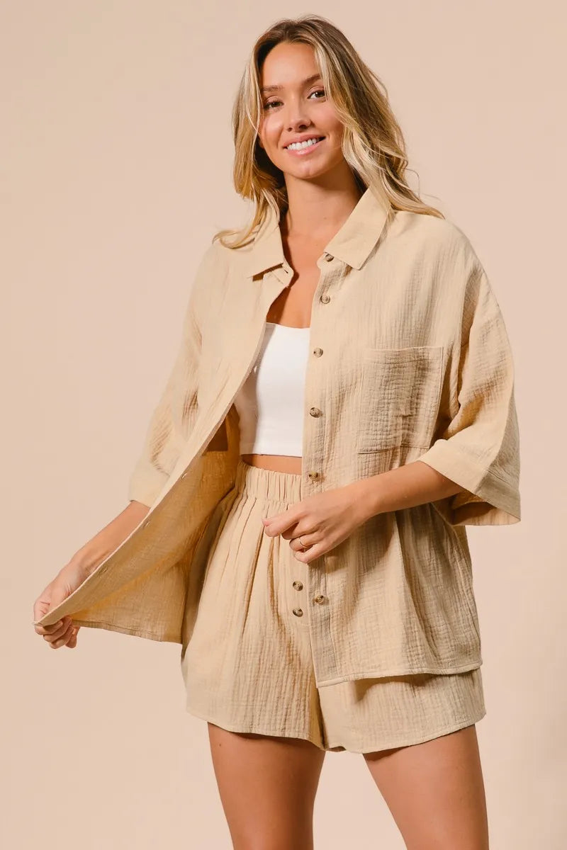 BiBi Crinkle Gauze Shirt and Short Set-BiBi-OATMEAL-S-Urbanheer