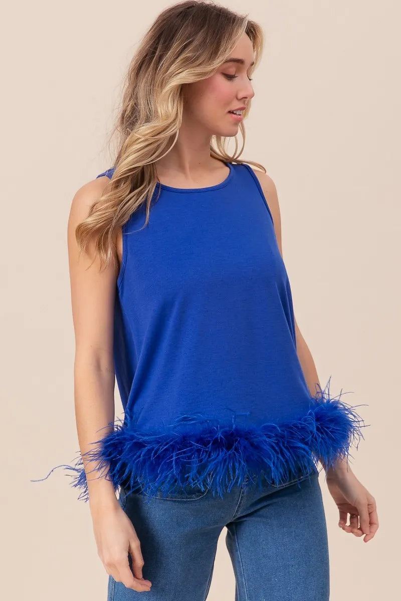 BiBi French Terry Faux Feather Bottom Back Tied Top-BiBi-ROYAL-S-Urbanheer