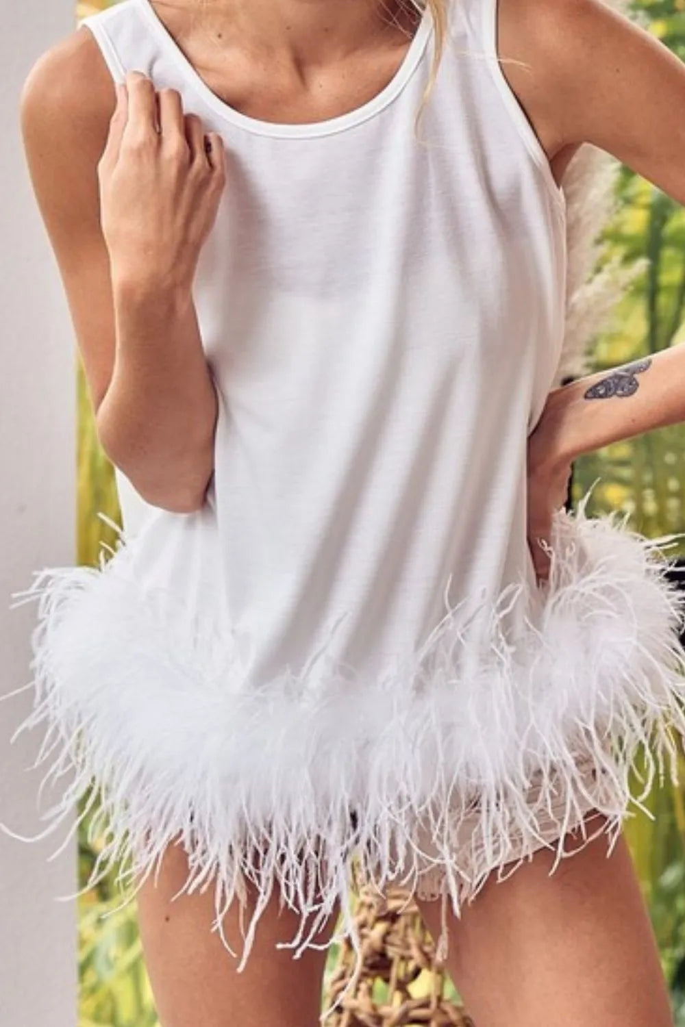 BiBi French Terry Faux Feather Bottom Back Tied Top-BiBi-OFF WHITE-S-Urbanheer