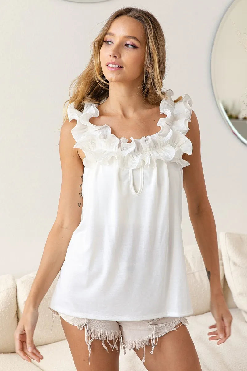 BiBi French Terry Knit Ruffled Trim Banded Top-BiBi-OFF WHITE-S-Urbanheer