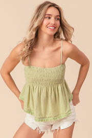 BiBi Fringed Hem Smocked Cami-Street 360-Sage-S-Urbanheer
