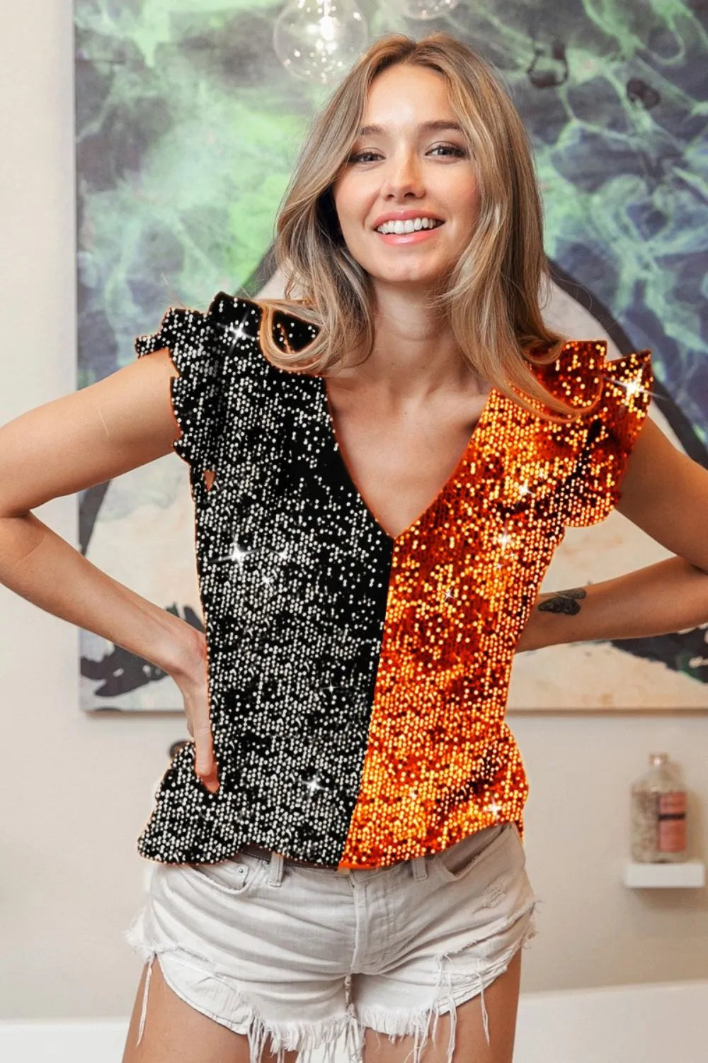 BiBi Game Day Color Block Sequin Ruffled Armhole Top-BiBi-BLACK/ORANGE-S-Urbanheer
