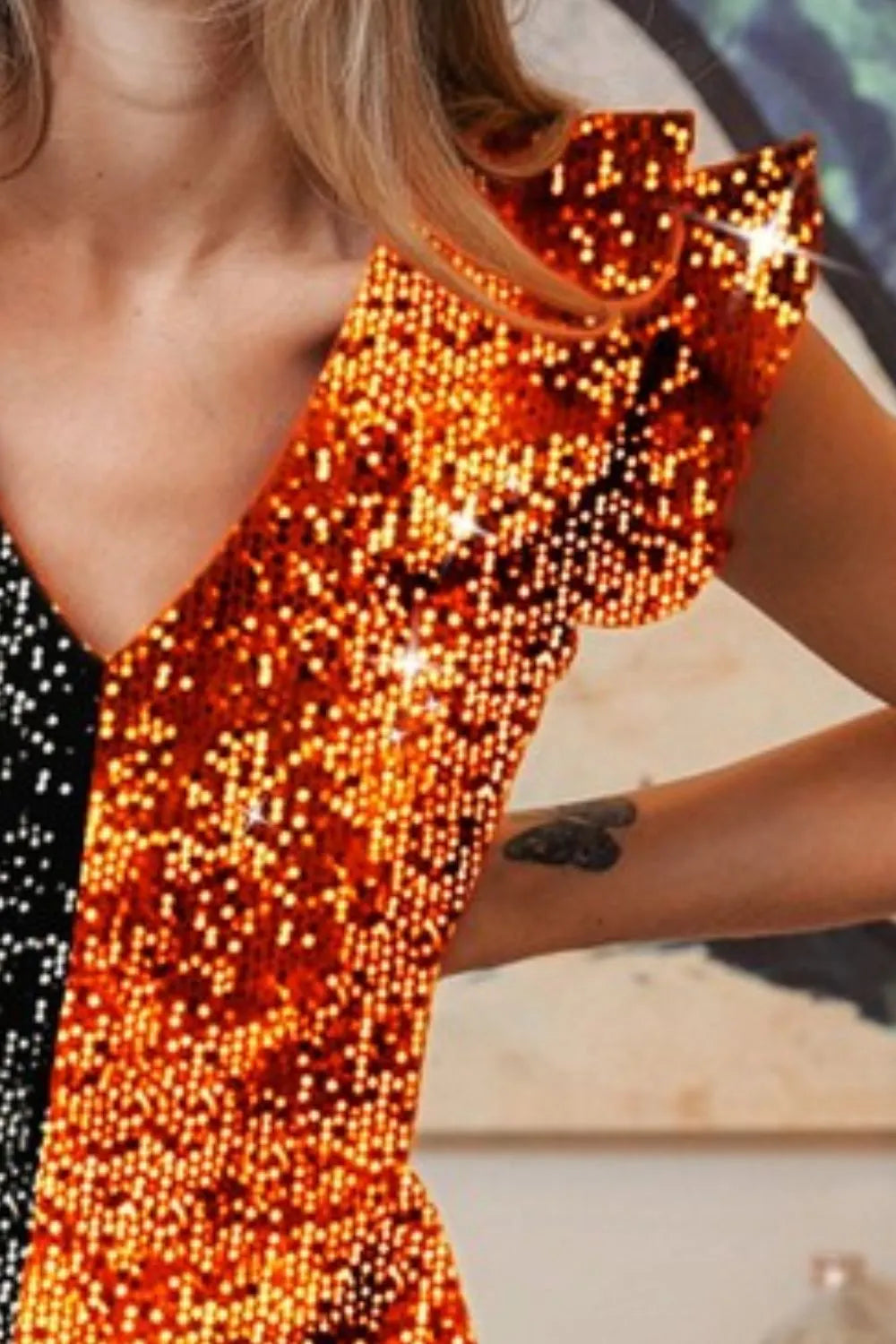 BiBi Game Day Color Block Sequin Ruffled Armhole Top-BiBi-BLACK/ORANGE-S-Urbanheer