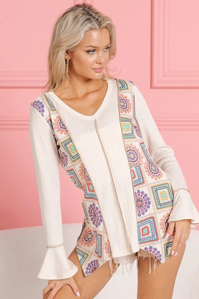 BiBi Granny Square Print Contrast Annie Rib V Neck Top-BiBi-CREAM-S-Urbanheer