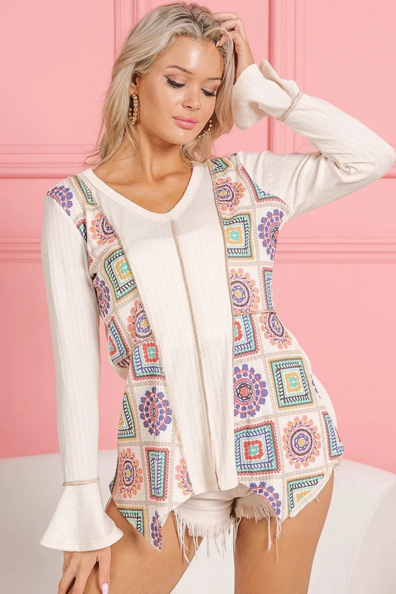 BiBi Granny Square Print Contrast Annie Rib V Neck Top-BiBi-CREAM-S-Urbanheer