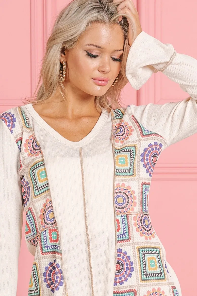 BiBi Granny Square Print Contrast Annie Rib V Neck Top-BiBi-CREAM-S-Urbanheer