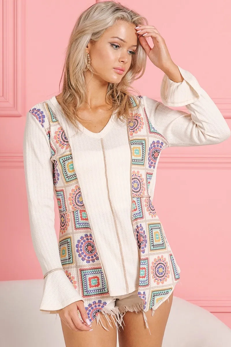 BiBi Granny Square Print Contrast Annie Rib V Neck Top-BiBi-CREAM-S-Urbanheer