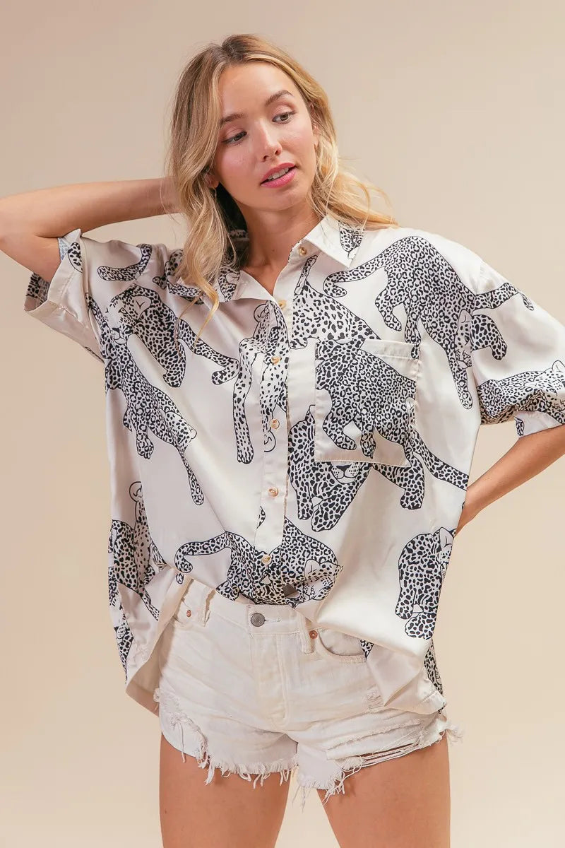 BiBi Leopard Print Short Sleeve Silky Satin Shirt Top-BiBi-OATMEAL-S-Urbanheer