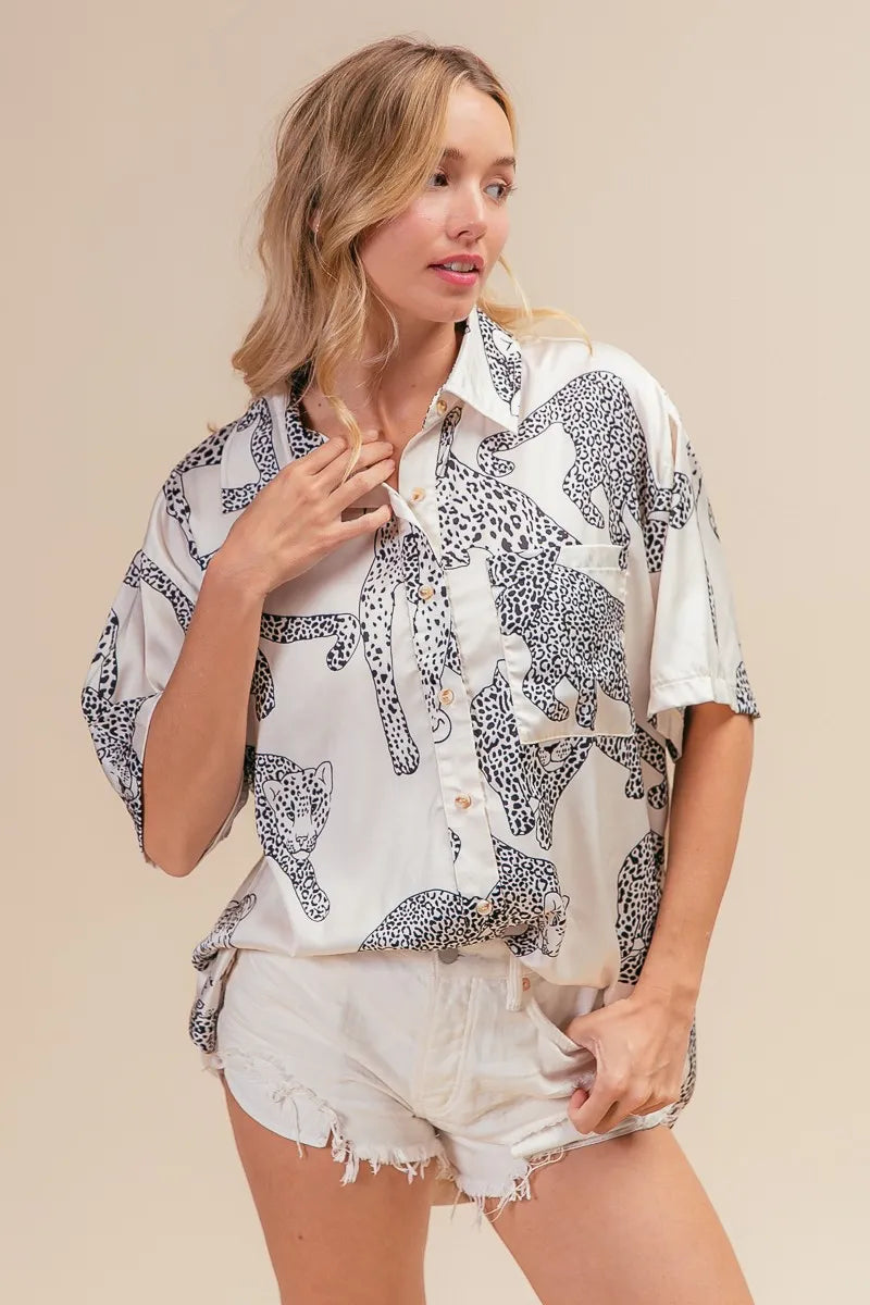 BiBi Leopard Print Short Sleeve Silky Satin Shirt Top-BiBi-OATMEAL-S-Urbanheer