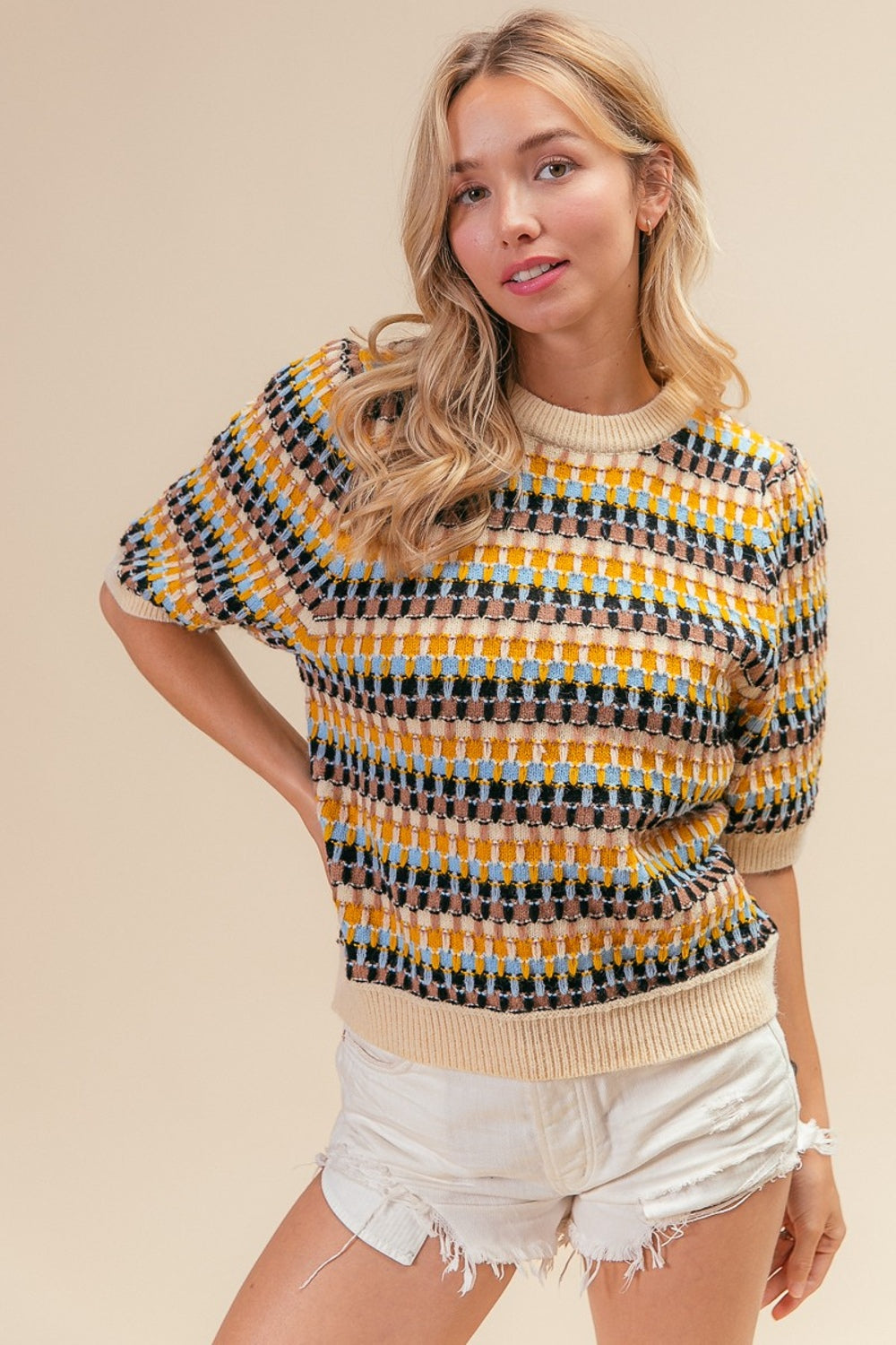 BiBi Multi Color Half Sleeve Sweater-Street 360-Latte/Taupe/Black-S-Urbanheer