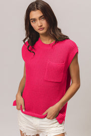 Bibi Patch Pocket Cap Sleeve Sweater Top-Street 360-Fuchsia-S-Urbanheer
