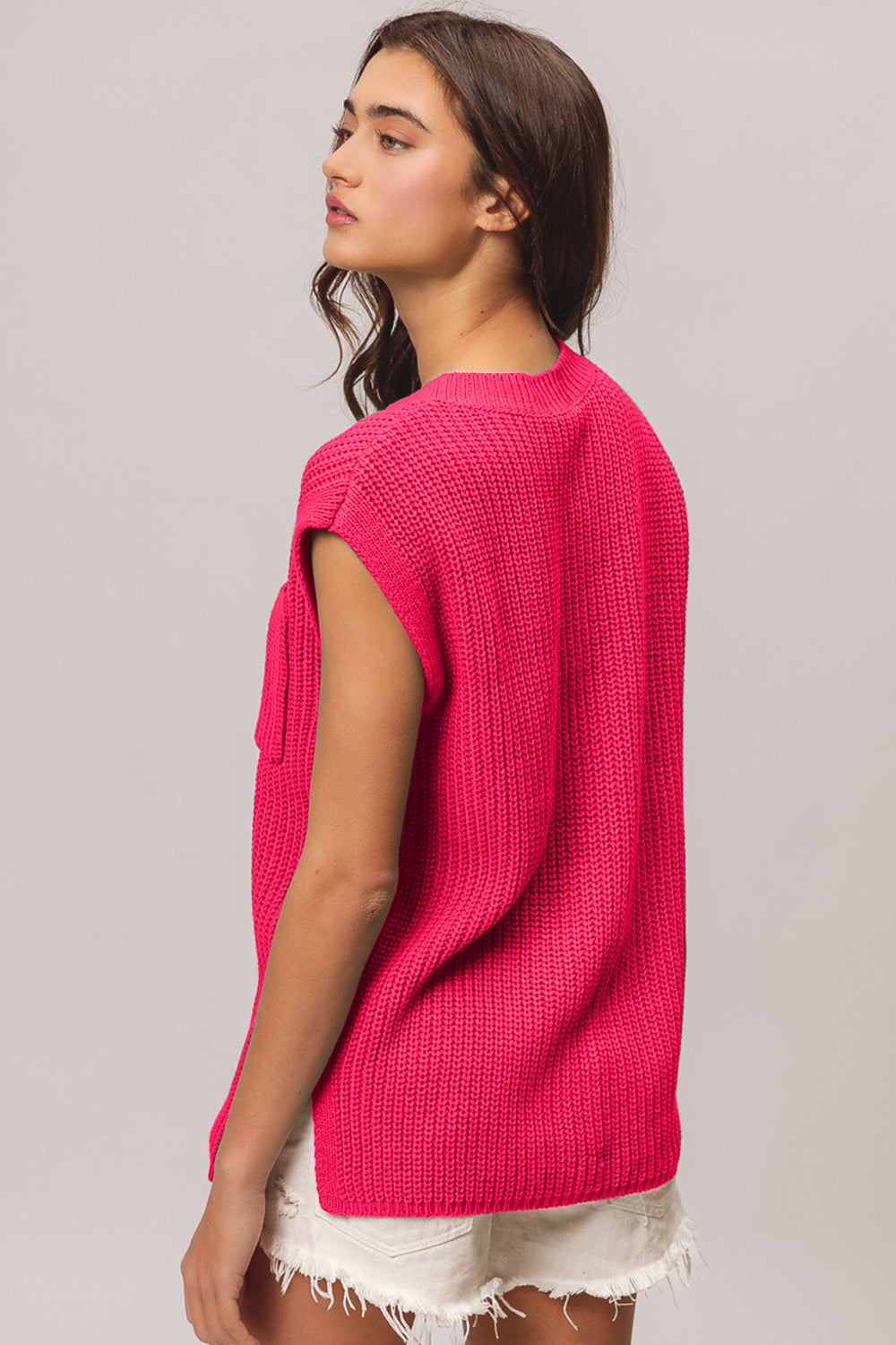 Bibi Patch Pocket Cap Sleeve Sweater Top-Street 360-Fuchsia-S-Urbanheer