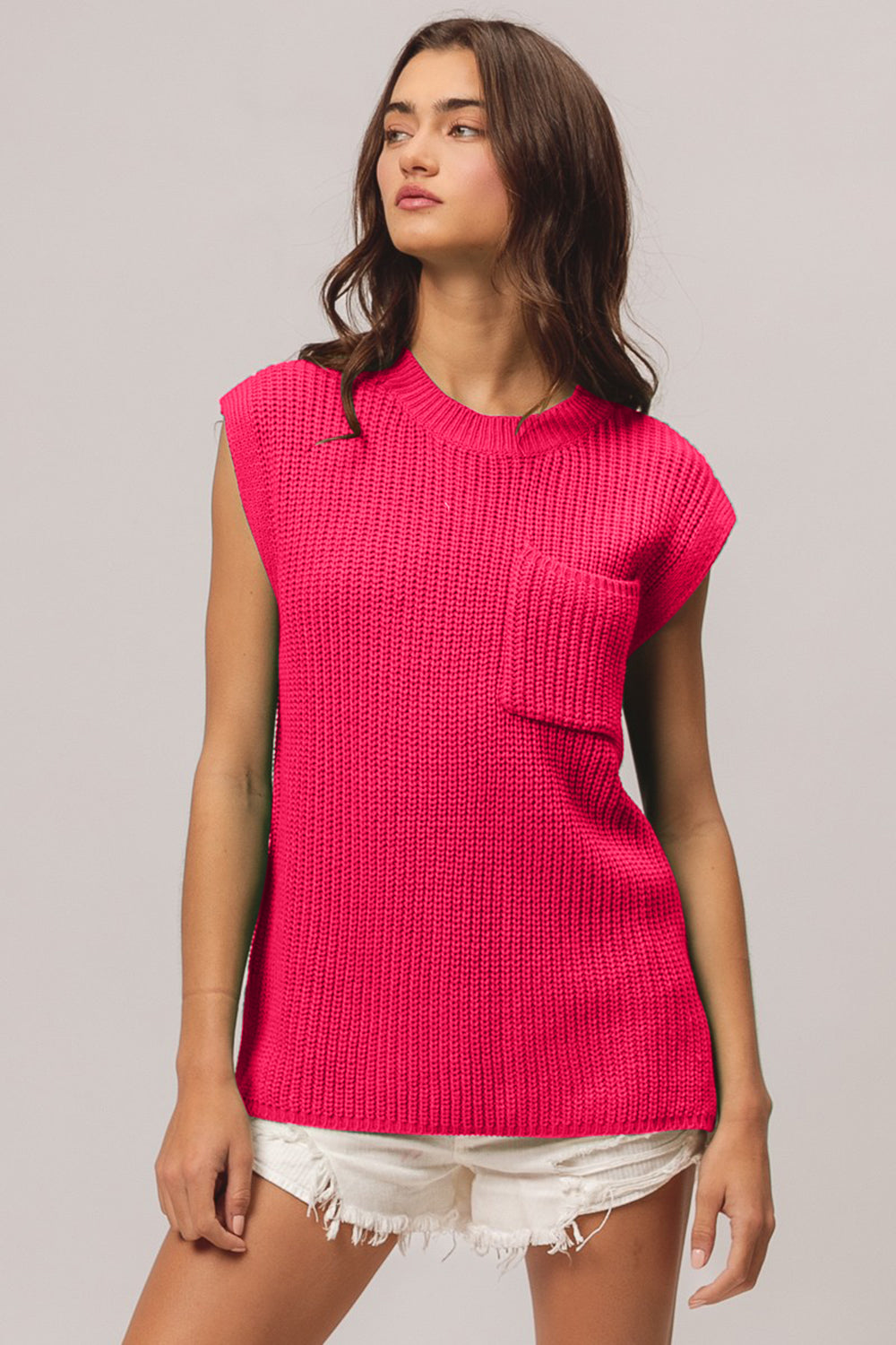 Bibi Patch Pocket Cap Sleeve Sweater Top-Street 360-Fuchsia-S-Urbanheer