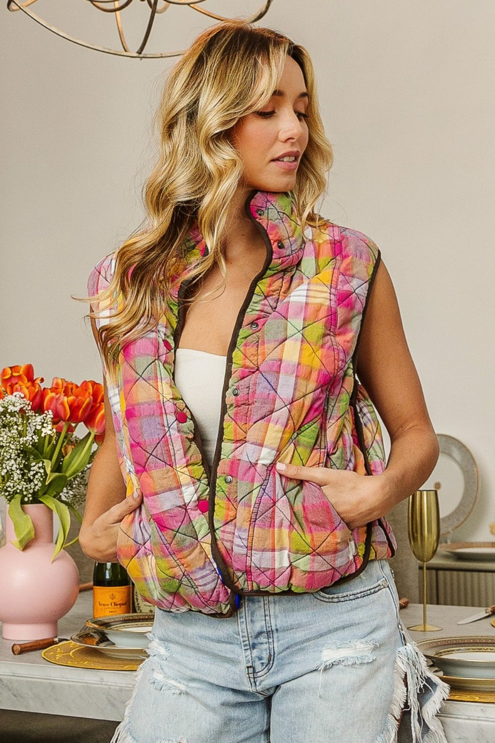 BiBi Quilted Washed Plaid Snap Down Vest-Street 360-Stained Glass-S-Urbanheer