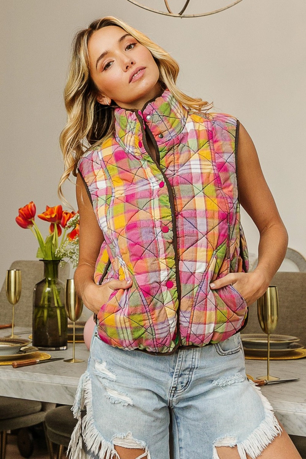 BiBi Quilted Washed Plaid Snap Down Vest-Street 360-Stained Glass-S-Urbanheer