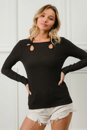 BiBi Rib Knit With Cut Out and Tied Neck Detailed Top-BiBi-BLACK-S-Urbanheer