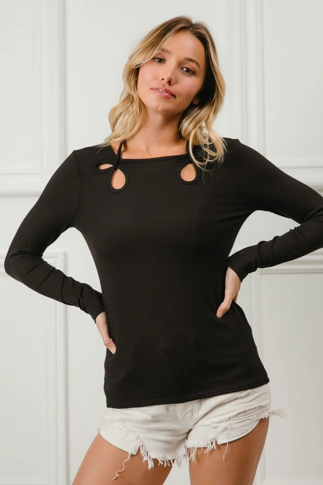 BiBi Rib Knit With Cut Out and Tied Neck Detailed Top-BiBi-BLACK-S-Urbanheer