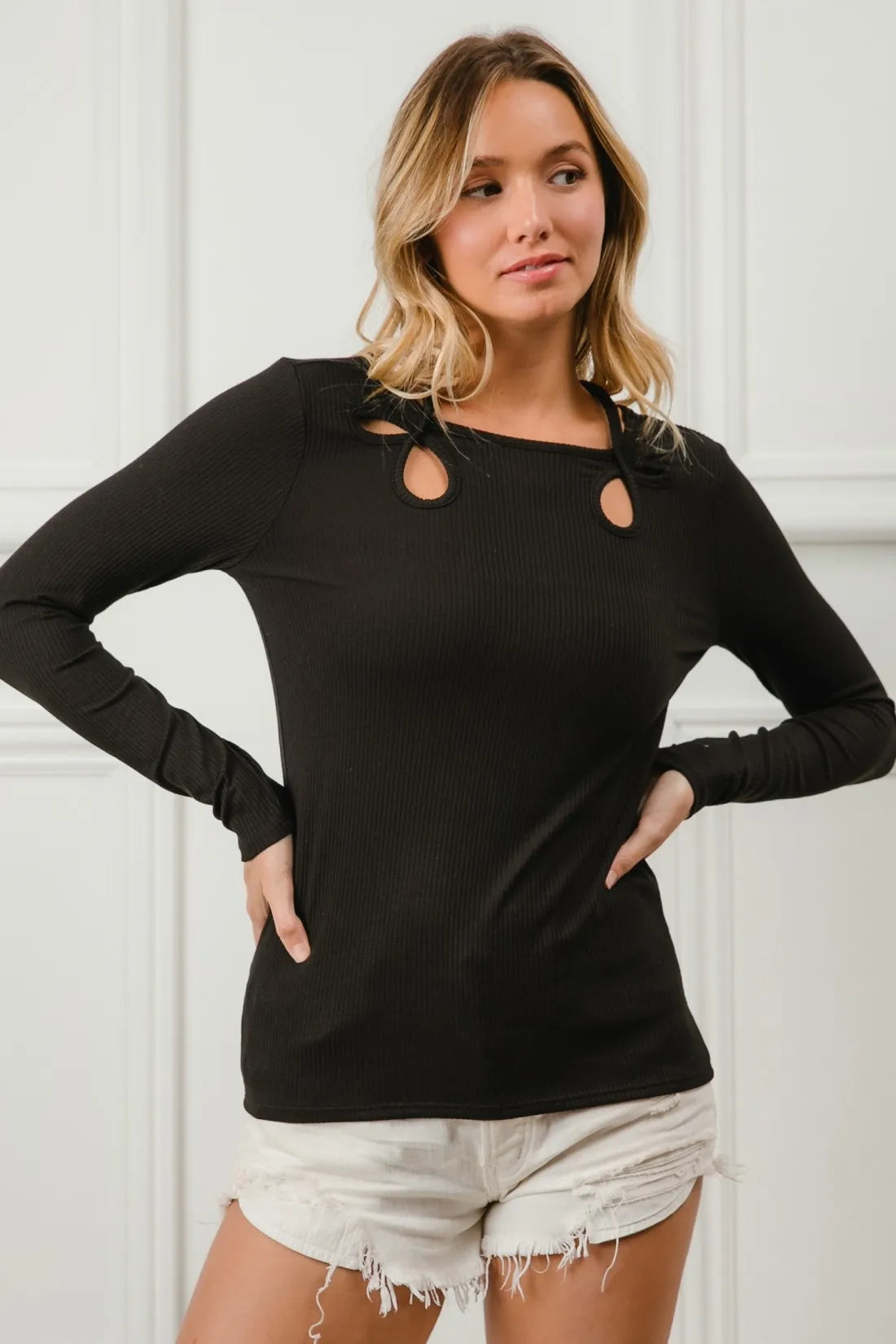 BiBi Rib Knit With Cut Out and Tied Neck Detailed Top-BiBi-BLACK-S-Urbanheer