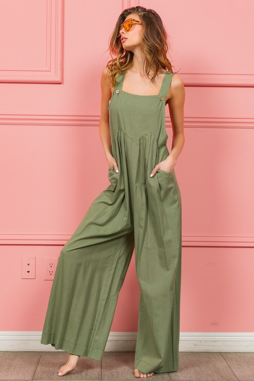 BiBi Ruched Wide Leg Overalls with Pockets-Street 360-Dust Sage-S-Urbanheer