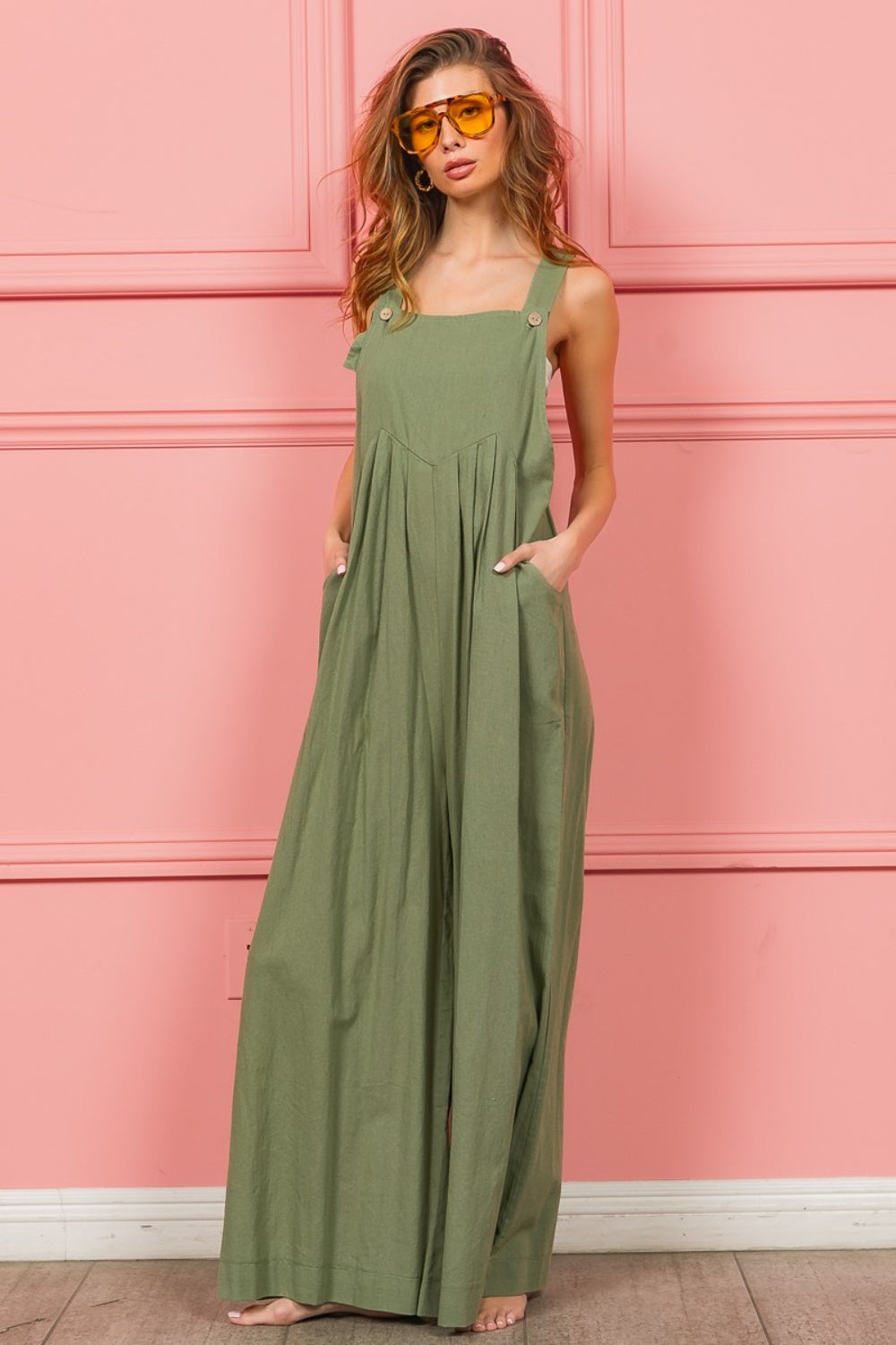 BiBi Ruched Wide Leg Overalls with Pockets-Street 360-Dust Sage-S-Urbanheer