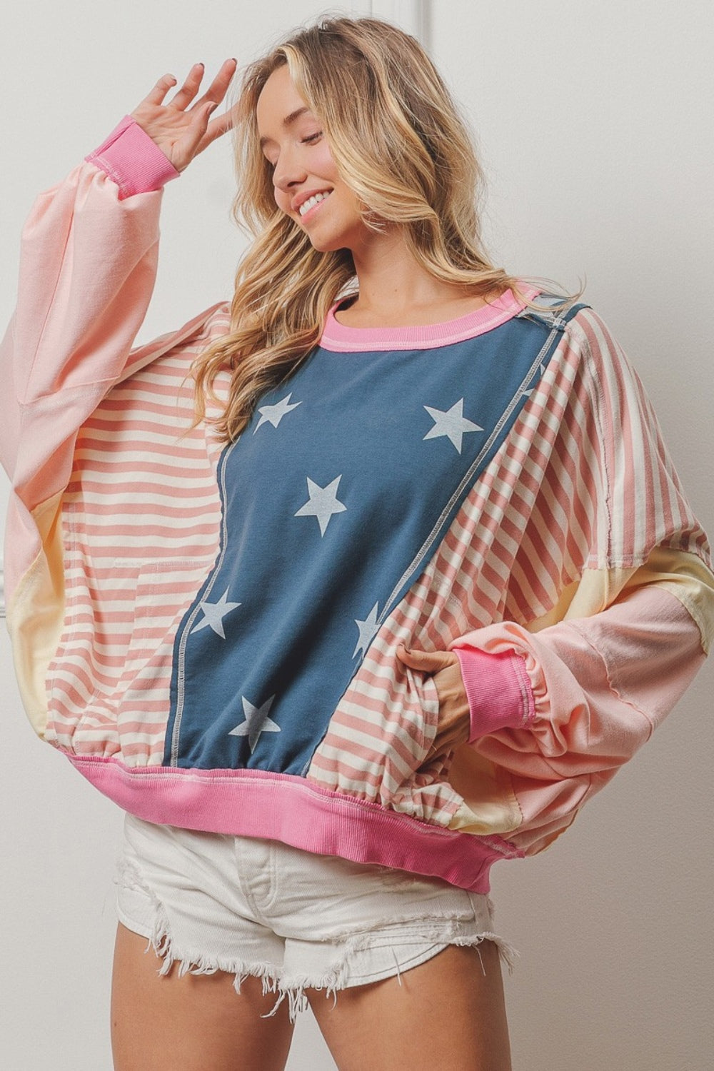 BiBi Stars and Stripes Round Neck Long Sleeve Top-Street 360-Blush Multi-S-Urbanheer