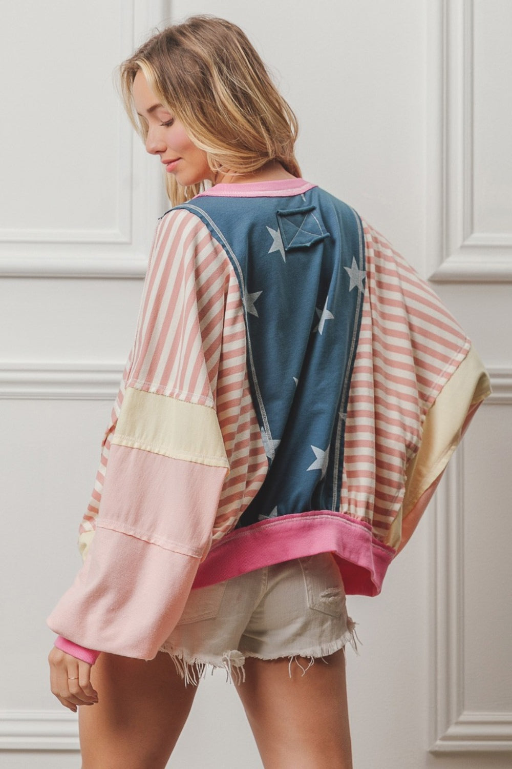 BiBi Stars and Stripes Round Neck Long Sleeve Top-Street 360-Blush Multi-S-Urbanheer